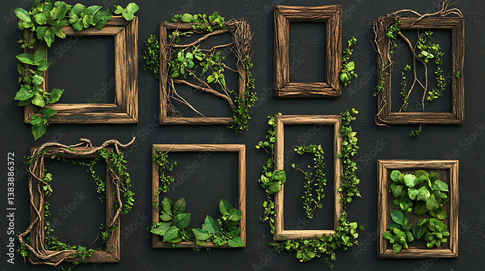 Poster collection of natural wooden and stone frames with lush greenery for game ui, isolated elements for 