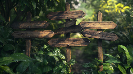 Collection of detailed wooden signboards surrounded by lush greenery, ideal for customized messages