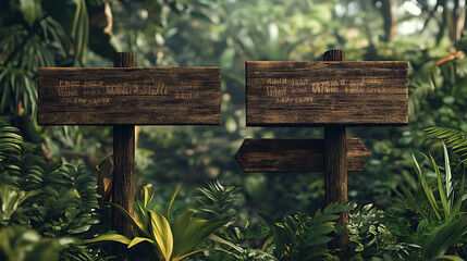 Collection of detailed wooden signboards surrounded by lush greenery, ideal for customized messages
