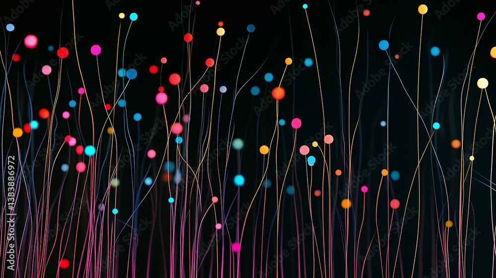Poster Colorful lines connecting dots on a black background, with a simple and minimalistic design featuring elegant lines and dark colors