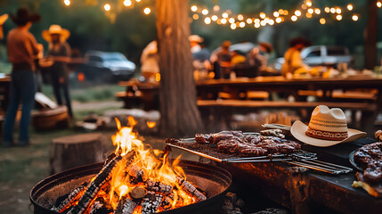 A Western-style cookout with cowboy hats, open-fire grilling, and classic country music.