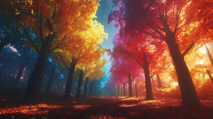 Colorful trees with shiny trees in the background