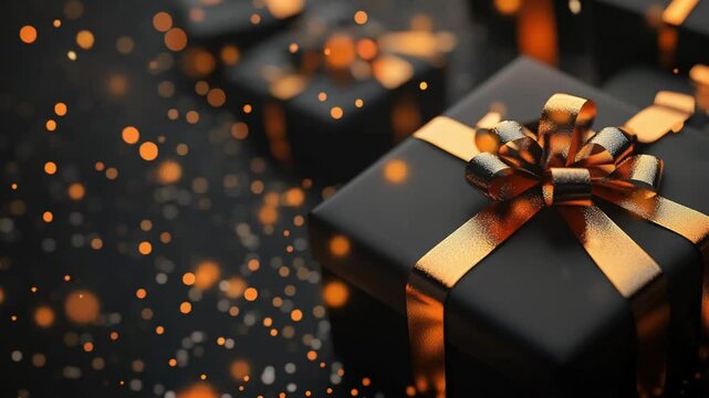 Beautiful black gift boxes tied with golden ribbons create a festive atmosphere, perfect for celebrations and special occasions surrounded by enchanting sparkles