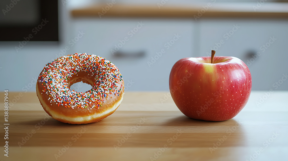 Poster Comparing the nutritional value of a donut and an apple, highlighting the importance of calorie counting and making healthy choices in daily diet