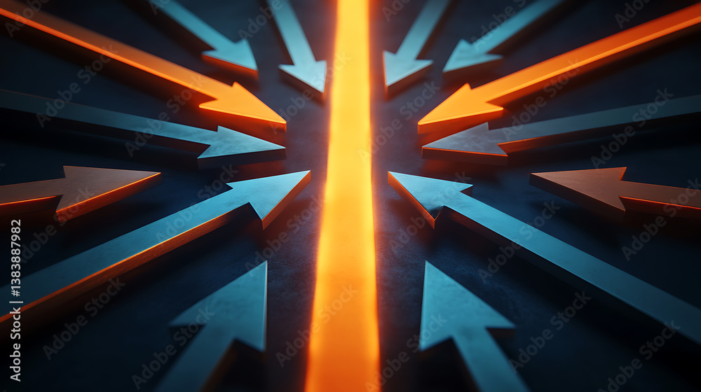 Fototapete Concept of conflict resolution, directional arrows pointing both inward towards a central point and outward in all directions, symbolizing different approaches to resolving disputes