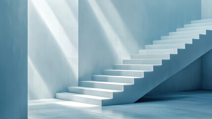 modern staircase in minimalist interior, featuring smooth light blue walls and soft shadows creating serene atmosphere. design emphasizes simplicity and elegance