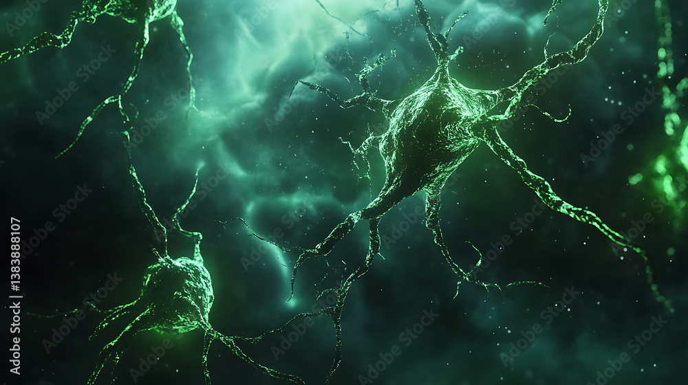 Poster Conceptual illustration of neuron cells with glowing link knots, blue green neurons in brain on with focus effect, synapse and neuron cells sending electrical chemical signals