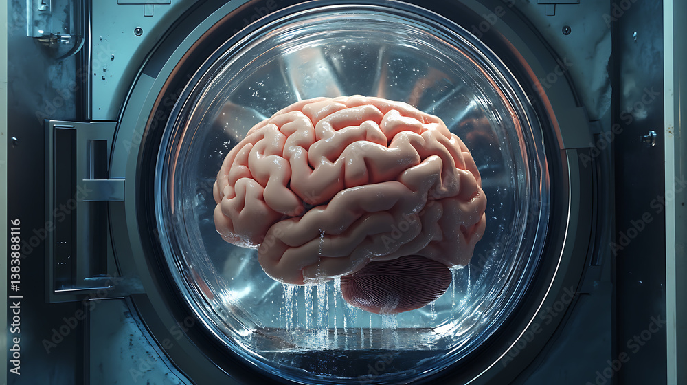 Poster Conceptual image depicting a brain being washed inside a washing machine, representing the idea of brainwashing