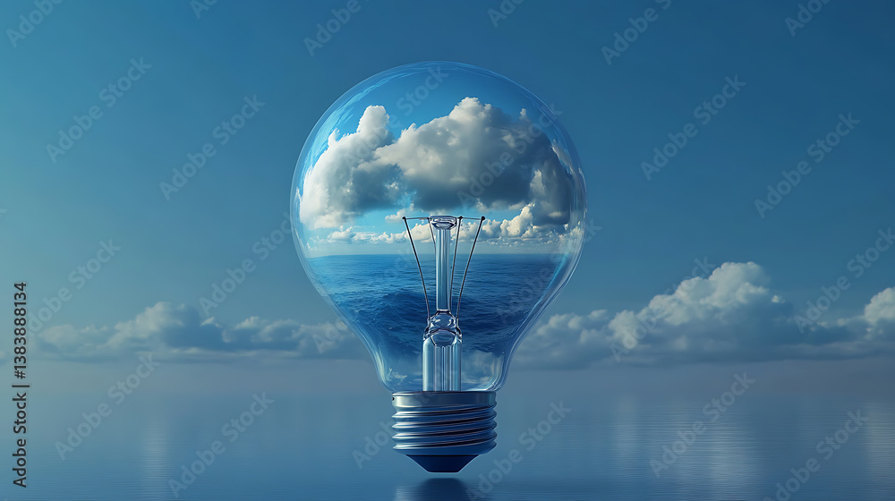 Poster Conceptual image of lightbulb with blue sky, sea and clouds