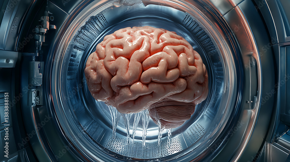 Poster conceptual image depicting a brain being washed inside a washing machine, representing the idea of b