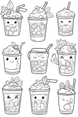 Obraz premium Collection of Bubble teas with smiling faces coloring book vector designs, Bubble teas with smiling faces vector graphic