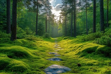 Obraz premium Explore the tranquil beauty of a sunlit forest path surrounded by lush greenery