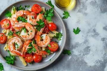 Top View of Penne with Shrimp and Cherry Tomatoes