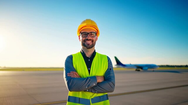 Airport ground crew member in safety gear standing on runway with airplane in background. Concept of aviation safety, airport operations, and engineering support.
