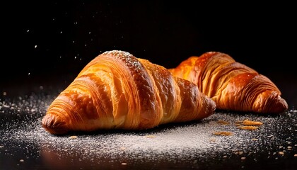 Golden croissants with flaky layers with black background, space for copy