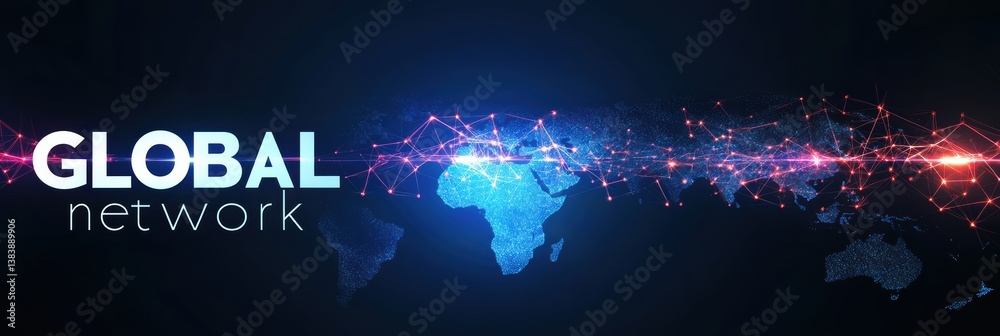 Poster visual representation of a global network connecting continents with digital links and nodes