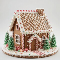 Detailed gingerbread house with white icing, colorful candy, and peppermint accents, surrounded by Christmas trees and candy presents on a snowy base.