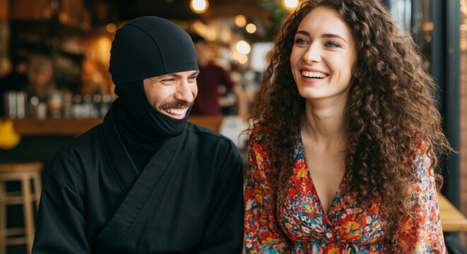 Happy caucasian couple enjoying a lively cafe atmosphere together