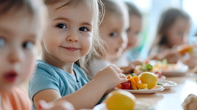 A group of young children eating healthy snacks at a table in a bright and cheerful setting indoors