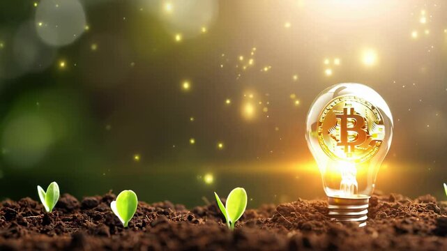 Bitcoin symbol inside glowing lightbulb surrounded by sprouts in soil, representing innovation, financial growth, and green energy in blockchain technology.