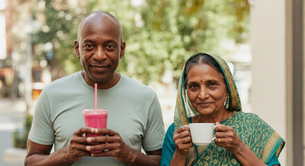 Mature african male and asian female enjoying beverages outdoors