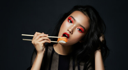 Fototapeta premium Asian female adult enjoying sushi with dramatic makeup against dark background
