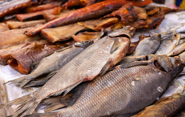 Dried and smoked fish on the counter