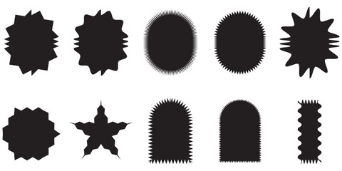 Sticker wavy shape mocha mousse colour, stamp rectangle, oval border icon, wave edge frame set. Star burst label, price tag corrugated, promo badge isolated on white background. Vector illustration