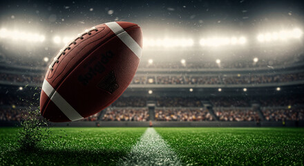 Action shot of a football flying over a stadium field, illuminated by bright stadium lights, evoking the excitement of a game.