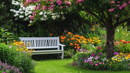 Serene White Garden Bench Peaceful Blooming Flowers Spring Summer Lush Greenery Tranquil Nature Beautiful Relaxing Idyllic Outdoor Scene Pretty       