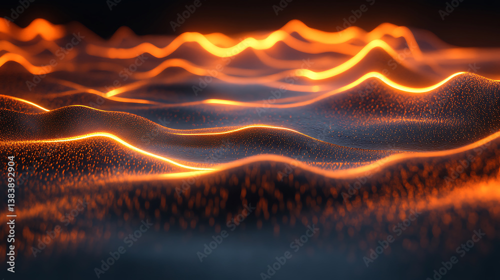 Poster 3d render of abstract neon background with glowing lines and floor reflection in dark room