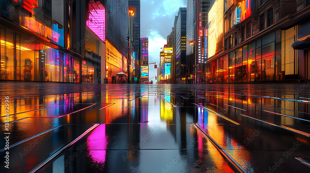 Poster 3d rendering of a neon metropolis with reflection of light from puddles on the street, smart city, m