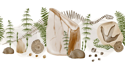 Seamless border with fossils and dinosaur skeletons. Fern and horsetail grow near the stones, Ammonite shell. Small stones are scattered. Light background. Watercolor illustration. Hand drawing © Alena Sid