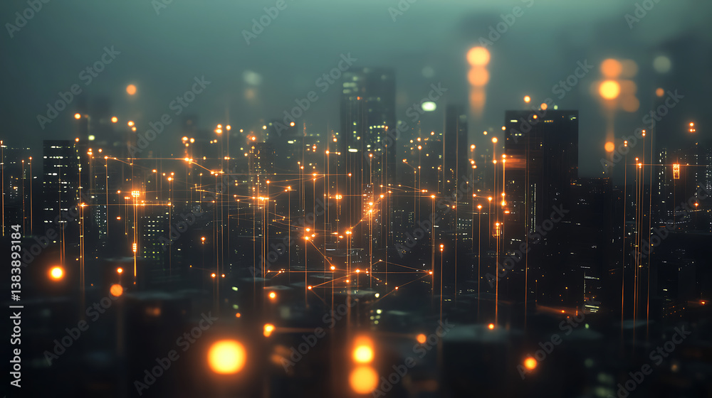 Poster 5g connectivity concept featuring a cityscape at night with digital, glowing connection lines, illus
