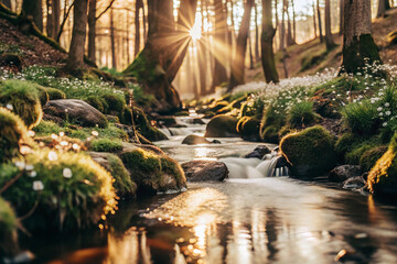 Fototapeta premium Sunlit Forest Stream with Mossy Rocks and Wildflowers – Serene Morning Nature Scene
