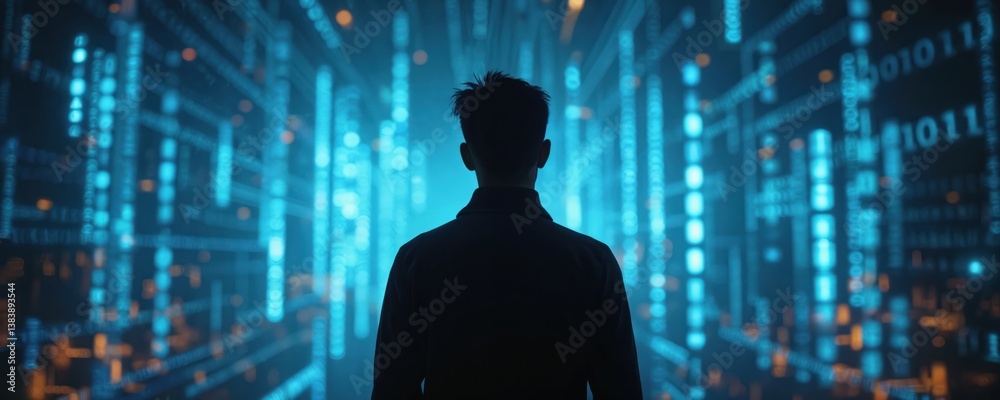 Aufkleber Silhouette individual facing tech digital media concepts. Person explores advanced tech innovations, AI, cyberspace. Binary code data streams, future. Man immersed data center, server room, software,