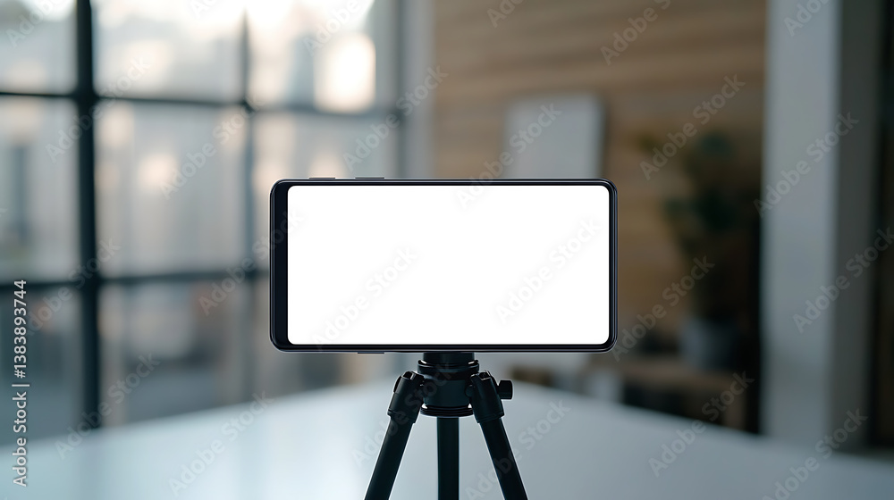 Poster A blank-screen smartphone is fixed to a tripod on an indoor white table, mockup for design