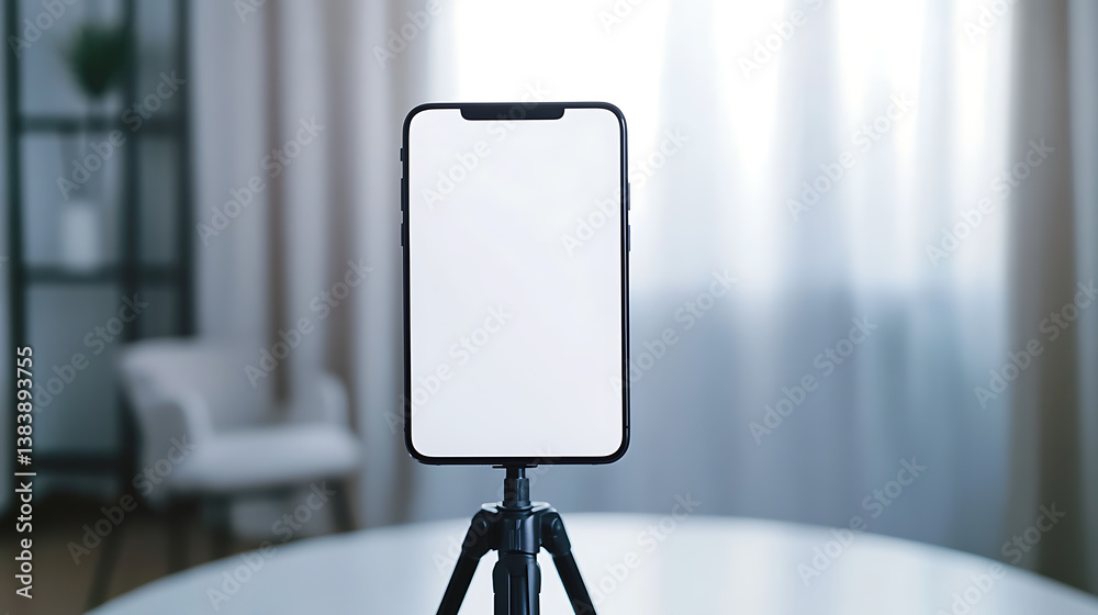 Poster a blank-screen smartphone is fixed to a tripod on an indoor white table, mockup for design