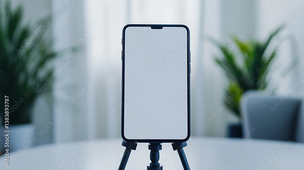 Poster a blank-screen smartphone is fixed to a tripod on an indoor white table, mockup for design