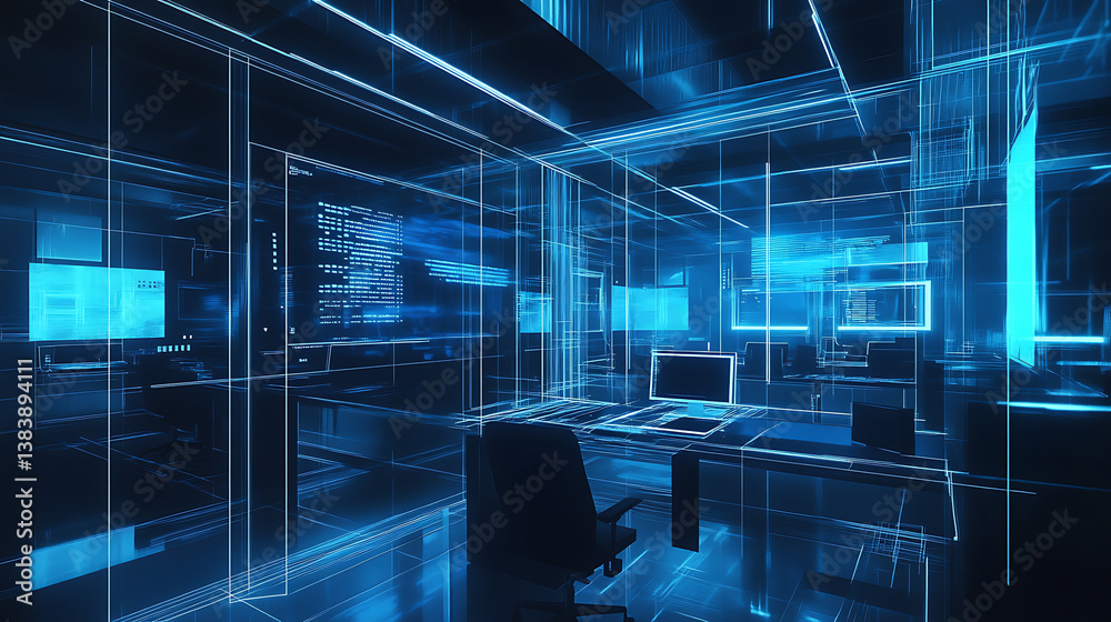 Poster A blueprint of an office building with digital lines and blue hues representing the future of architecture