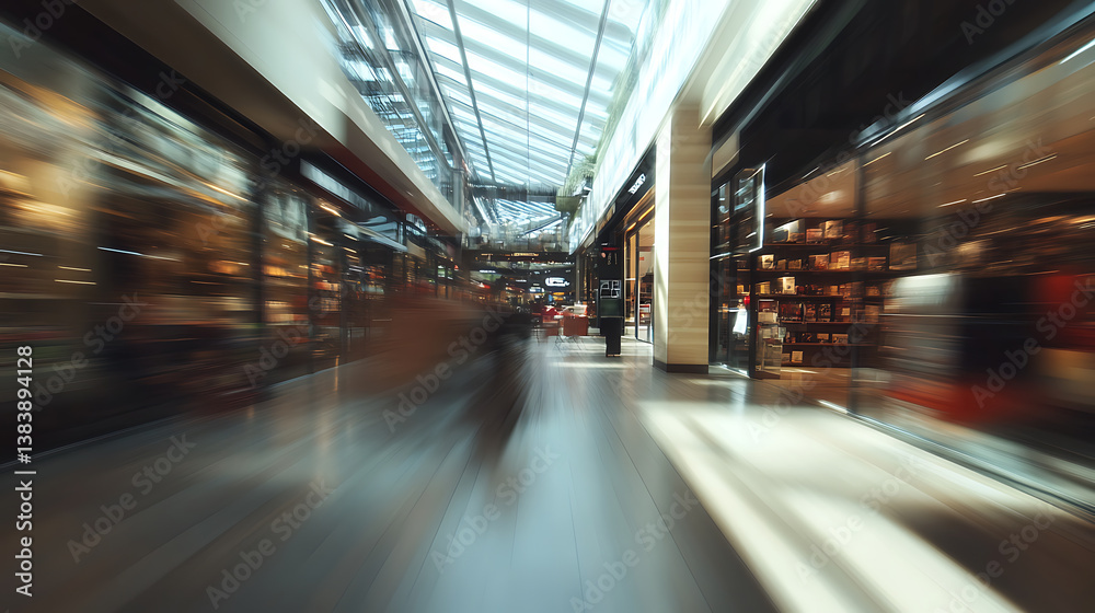 Poster A blurry image of a shopping mall with some items in it