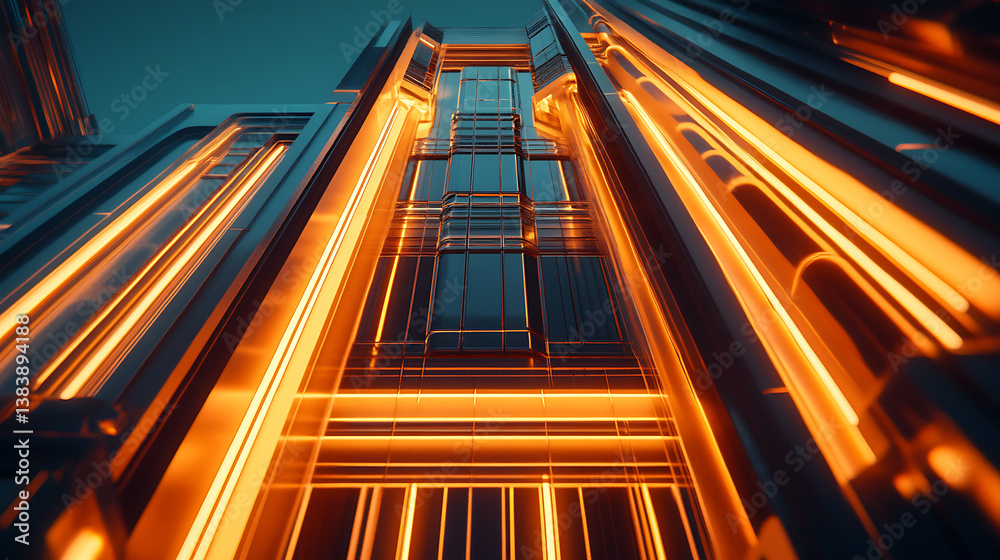 Poster a building design in style of art deco, with glowing lights, dark and orange color