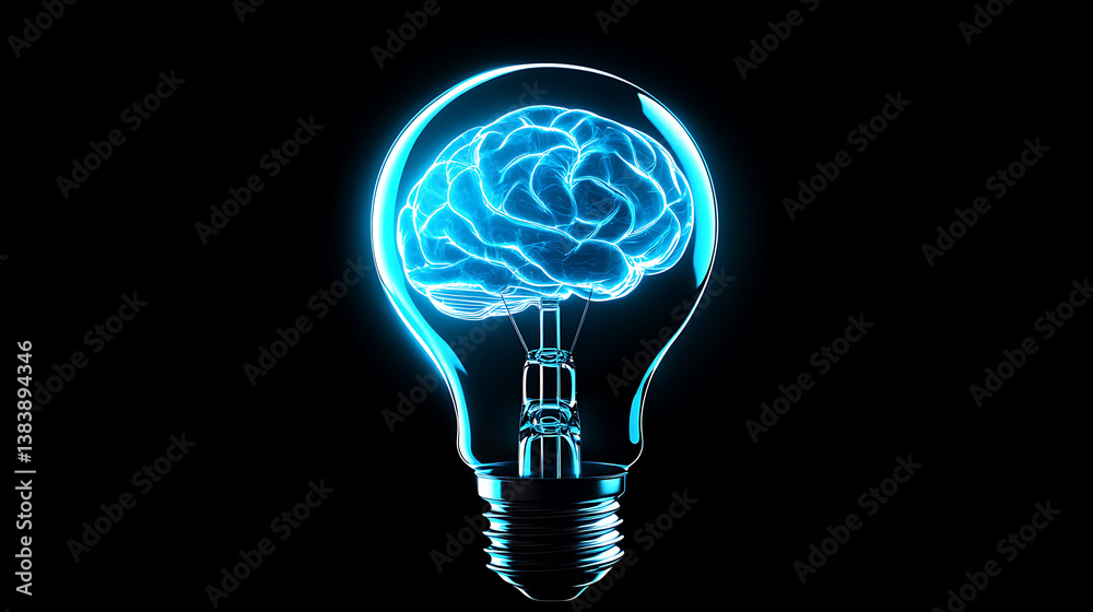 Poster A clean and shiny light bulb with a brain in the form of a glowing wire