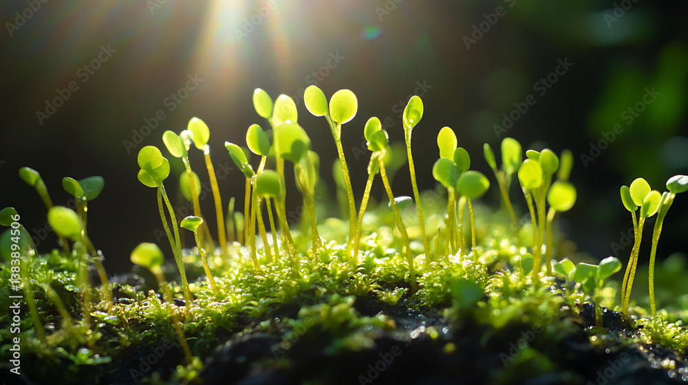 Poster a close up macro shot of a green seedling illuminated by sunlight