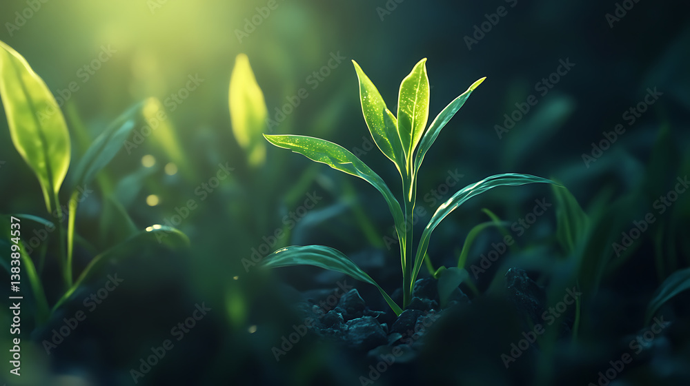 Poster a close up macro shot of a green seedling illuminated by sunlight