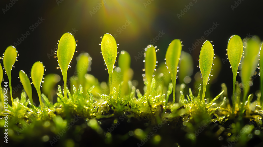 Poster a close up macro shot of a green seedling illuminated by sunlight