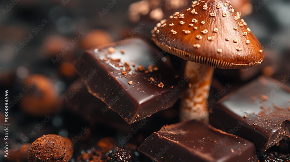 Poster a closeup image of a magic mushroom chocolate, the chocolate is infused with psilocybin, a naturally