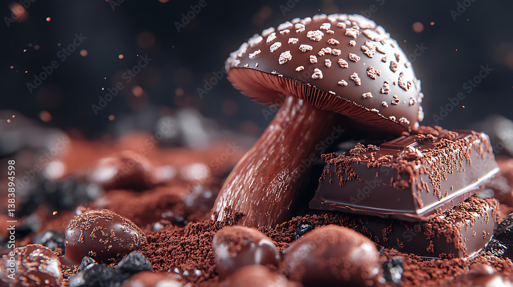 Poster a closeup image of a magic mushroom chocolate, the chocolate is infused with psilocybin, a naturally