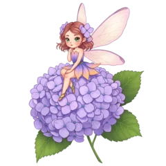 Fototapete Feen und Elfen Cute chibi flower fairy girl with lilac dress on blooming hydrangea isolated on transparent background    © Anisgott