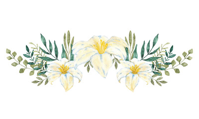 White flowers and green leaves. Watercolor composition. For first communion, wedding, baprism greeting card, invitation. Hand drawn. White lily. Isolated on a white background